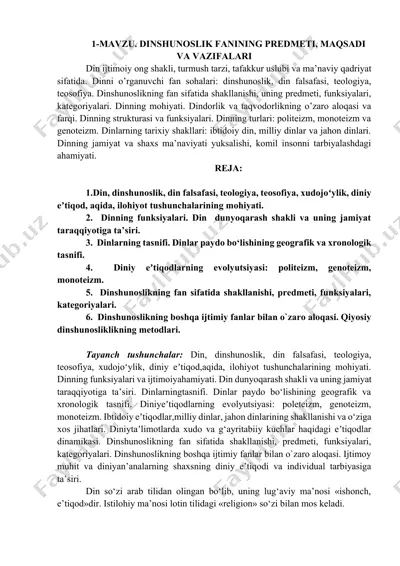 dinshunoslik fanining predmeti, maqsadi va vazifalari — DOCX