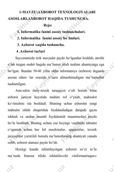 axborot texnologiyalari asoslari. axborot haqida tushuncha — DOCX