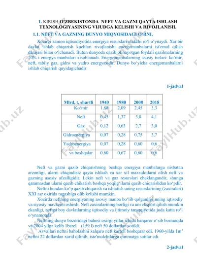 neft va gazni qayta ishlash texnologiyasining vijudga kelishi va rivojlanish — DOCX