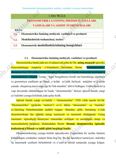 ekonometrika fanining mohiyati, vazifalari va predmeti — DOCX