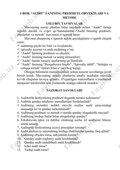 "audit fanining predmeti, obyektlari va metodi" — DOCX