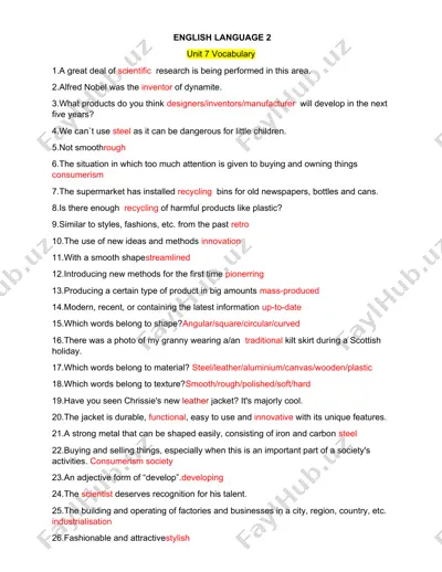english language 2 unit 7 vocabulary — DOCX