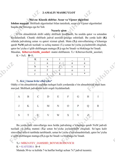 klassik shifrlar. sezar va vijener algoritmi — DOCX