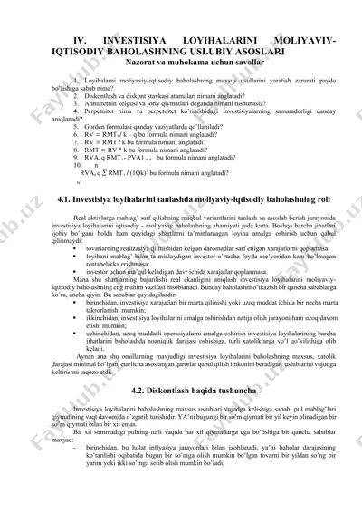iv. invеstisiya lоyihаlаrini mоliyaviy-iqtisоdiy bаhоlаshning uslubiy аsоslаri — DOCX