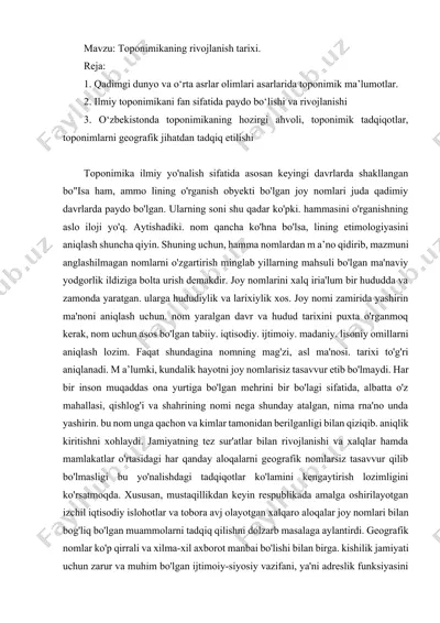 toponimikaning rivojlanish tarixi — DOCX