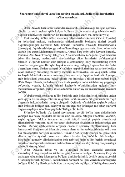 sharq uyg’onish davri va ta’lim-tarbiya masalalari. jadidchilik harakatida ta’lim va tarbiya — DOCX
