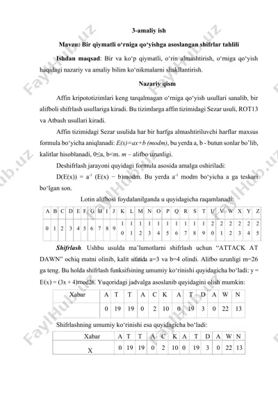 bir qiymatli o‘rniga qo‘yishga asoslangan shifrlar tahlili — DOCX