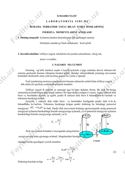 burama tebranish usuli bilan turli jismlarning inersiya momentlarini aniqlash — DOCX