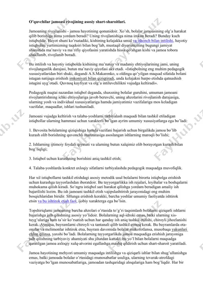 o’quvchilar jamoasi rivojining asosiy shart-sharoitlari — DOCX