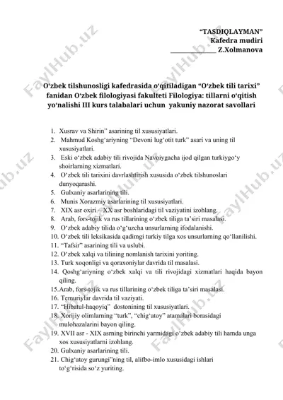 "o‘zbek tili tarixi" fanidan yakuniy nazorat savollari — DOCX