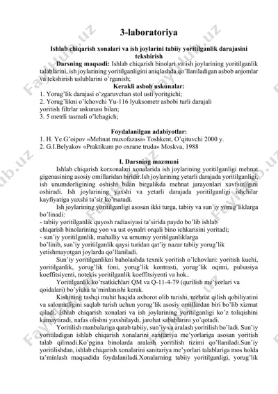 ishlab chiqarish xonalari va ish joylarini tabiiy yoritilganlik darajasini tekshirish — DOCX