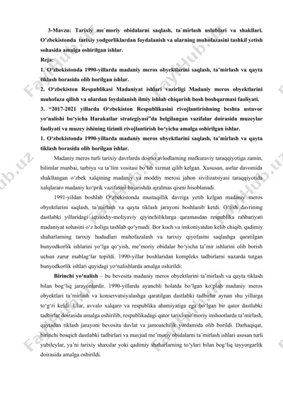 tarixiy me`moriy obidalarni saqlash, ta`mirlash uslublari va shakllari — DOCX