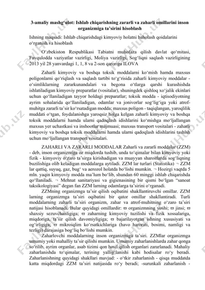 amaliy mashg‘ulot: ishlab chiqarishning zararli va zaharli omillarini inson organizmiga ta’sirini hisoblash — DOCX