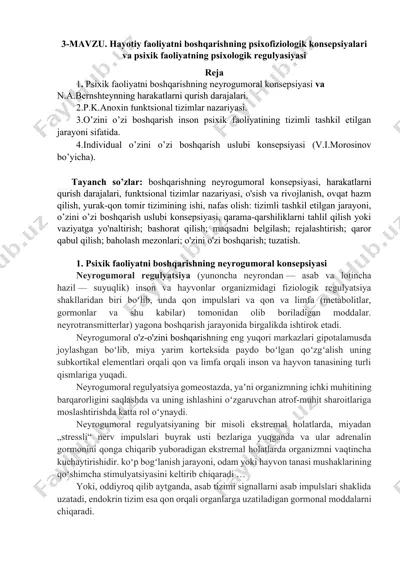 hayotiy faoliyatni boshqarishning psixofiziologik konsepsiyalari va psixik faoliyatning psixologik regulyasiyasi — DOCX