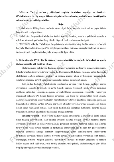 tarixiy me'moriy obidalarni saqlash, ta'mirlash uslublari va shakllari — DOCX