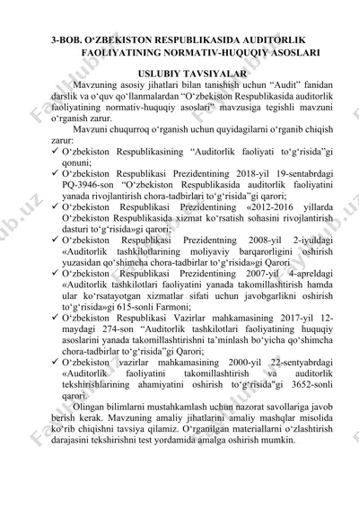 o‘zbekiston respublikasida auditorlik faoliyatining normativ-huquqiy asoslari — DOCX