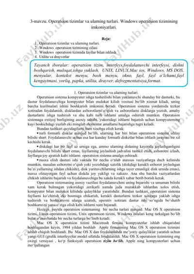 operatsion tizimlar va ularning turlari. windows operatsion tizimining imkoniyatlari — DOCX