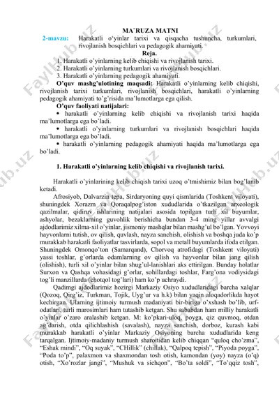 harakatli o’yinlarning kelib chiqishi va rivojlanish tarixi — DOCX