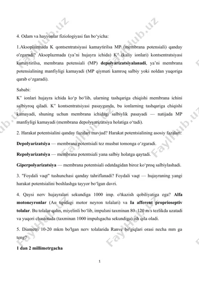 odam va hayvonlar fiziologiyasi fan boʻyicha — DOCX