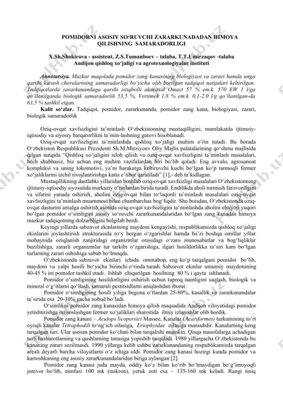 pomidorni asosiy so‘ravchi zararkunadadan himoya qilishning samaradorligi — DOCX