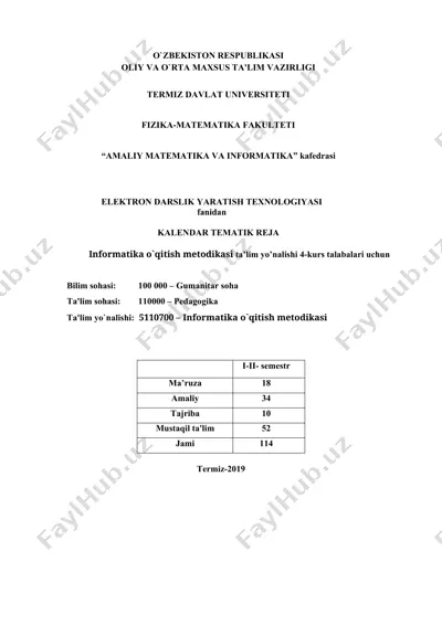 elektron darslik yaratish texnologiyasi fanidan kalendar tematik reja — DOCX