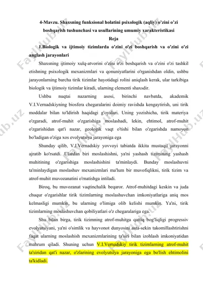 shaxsning funksional holatini psixologik o’zini o’zi boshqarish tushunchasi va usullarining umumiy xarakteristikasi — DOCX