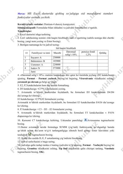 ms excel dasturida qishloq xo‘jaligiga oid masalalarni standart funksiyalar asosida yechish. — DOCX