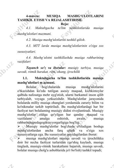 musiqa mashg'ulotlarini tashkil etish va rejallashtirish — DOCX