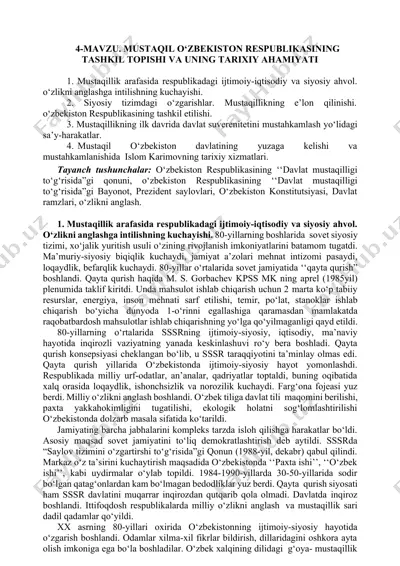 o‘zbekiston respublikasining mustaqil tashkil topishi va tarixiy ahamiyati — DOCX