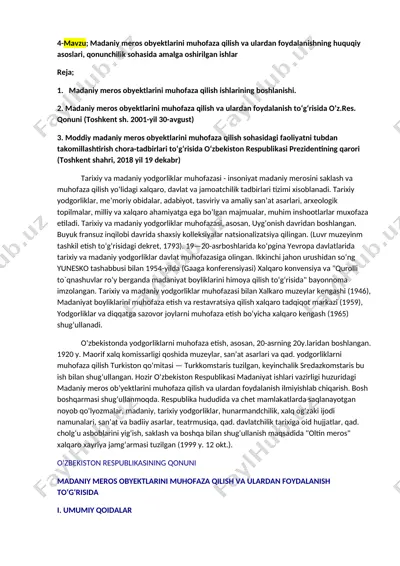 madaniy meros obyektlarini muhofaza qilish va ulardan foydalanishning huquqiy asoslari, qonunchilik sohasida amalga oshirilgan ishlar — DOCX