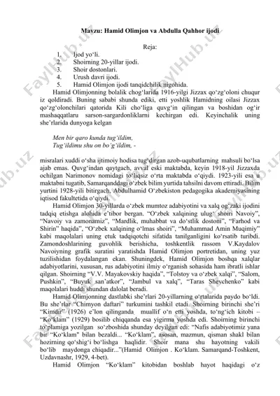 hamid olimjon va abdulla qahhor ijodi — DOCX