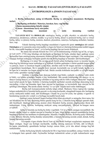 borliq falsafasi (ontologiya) falsafiy antropologiya (inson falsafasi) — DOCX