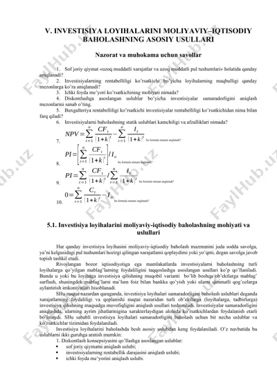 invеstisiya lоyihаlаrini mоliyaviy-iqtisоdiy bаhоlаshni — DOCX