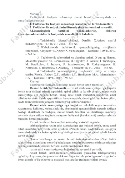 tadbirkorlik faoliyati sohasidagi ruxsat berish, litsenziyalash va muvofiqlikni baholash — DOCX