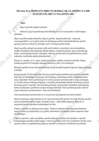 ommaviy qirg’in qurollar, ularning ta’sir xususiyatlari va talafotlari — DOCX