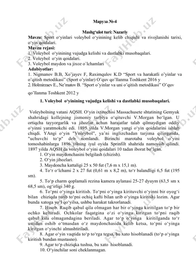 voleybol o‘yinining tarixi va qoidalarining ta'riflari — DOCX