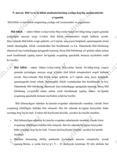 hid va ta’m bilish analizatorlarning yoshga bog‘liq xususiyatlarini o‘rganish — DOCX