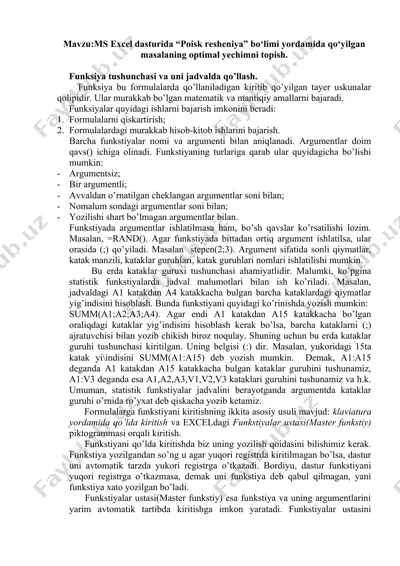 ms excel dasturida “poisk resheniya” bo‘limi yordamida qo‘yilgan masalaning optimal yechimni topish. — DOCX
