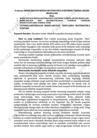 boshlang‘ich sinfda matematika o‘qitishni tashkil qilish shakllari — DOCX