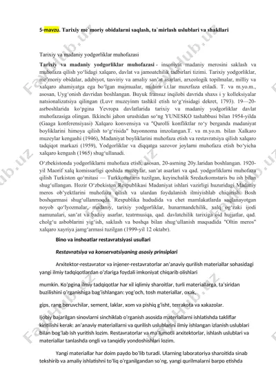 tarixiy va madaniy yodgorliklar muhofazasi — DOCX