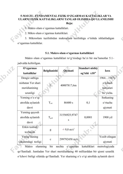 fizik o'zgarmanliklar va ularni fizik kattaliklarni tanlab olishda qo'llanishi — DOCX