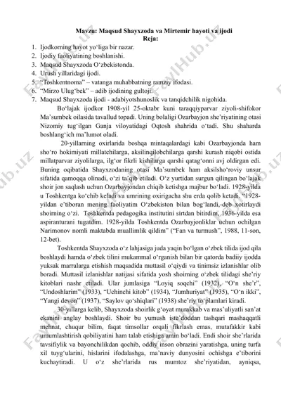 maqsud shayxzoda va mirtemir hayoti va ijodi — DOCX