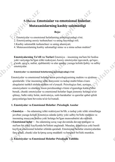 emotsialar va emotsional holatlar. mutaxasislarning kasbiy salomatligi — DOCX