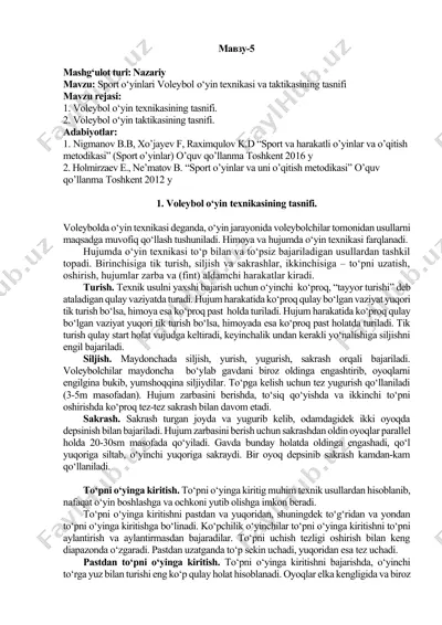sport o‘yinlari voleybol o‘yin texnikasi va taktikasi — DOCX