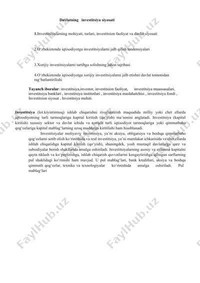 davlatning investitsiya siyosati — DOCX