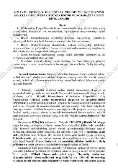 bozor munosabatlarining rivojlanishi va iqtisodiy islohotlar — DOCX
