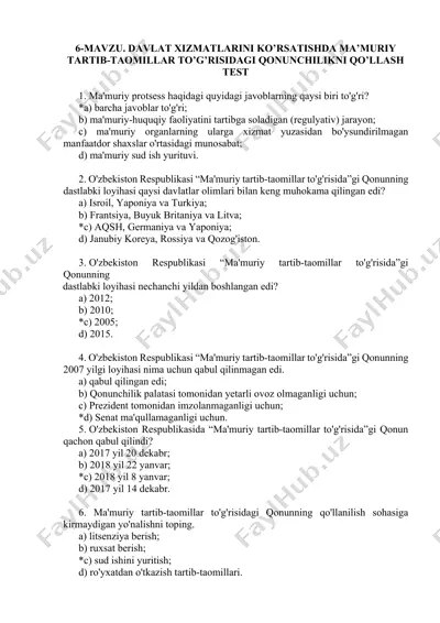 "davlat xizmatlarini ko’rsatishda ma’muriy tartib-taomillar to’g’risidagi qonunchilikni qo’llash test" — DOCX
