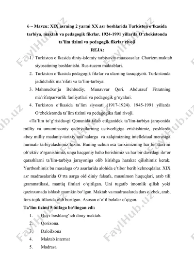 xix asrning 2 yarmi xx asr boshlarida turkiston o‘lkasida tarbiya, maktab va pedagogik fikrlar. 1924-1991 yillarda o‘zbekistonda ta’lim tizimi va pedagogik fikrlar rivoji — DOCX