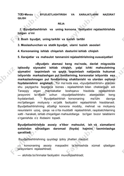 byudjetlashtirish va xarajatlarni nazorat qilish — DOCX