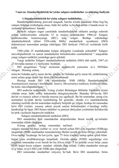 standartlashtirish bo‘yicha xalqaro tashkilotlar va ularning faoliyati — DOCX